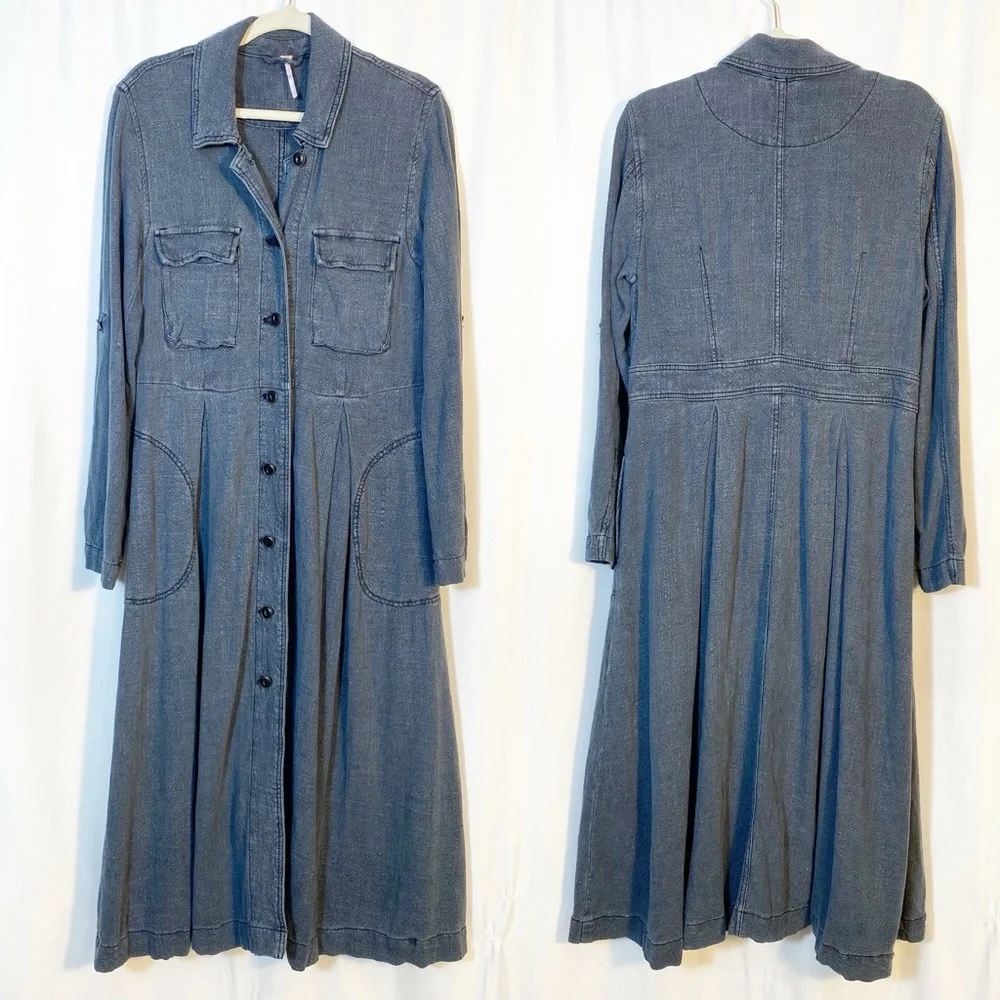 Free People Rainz Linen Blend Longline Maxi Duster Jacket Atlantic Washed Blue - Picture 2 of 12